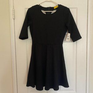 Textured Black Fit and Flare Sleeved Dress with Back Cutouts